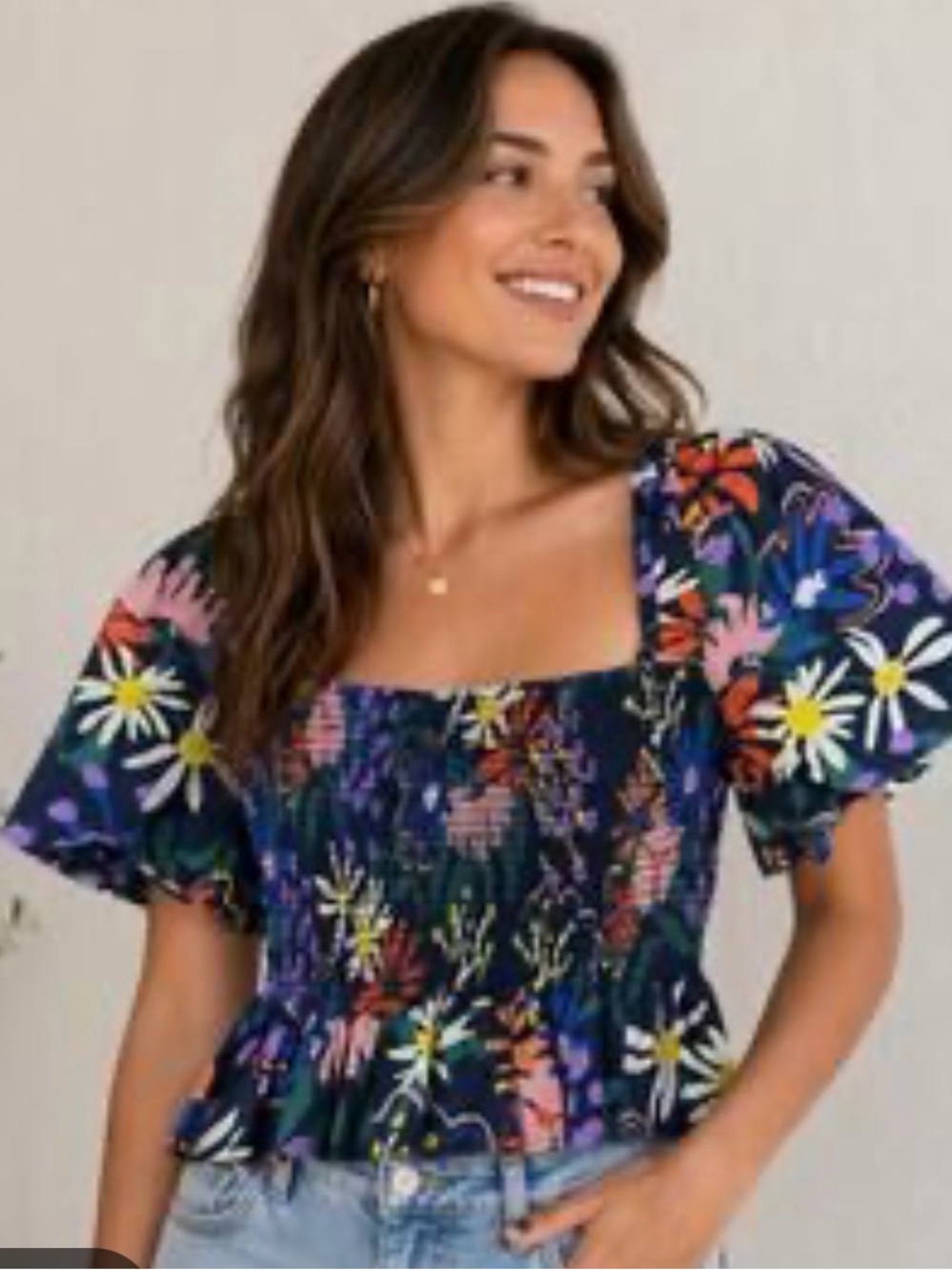 Corey Lynn Calter Floral Square-Neck Puff Sleeve Peplum Top S - Anthropologie